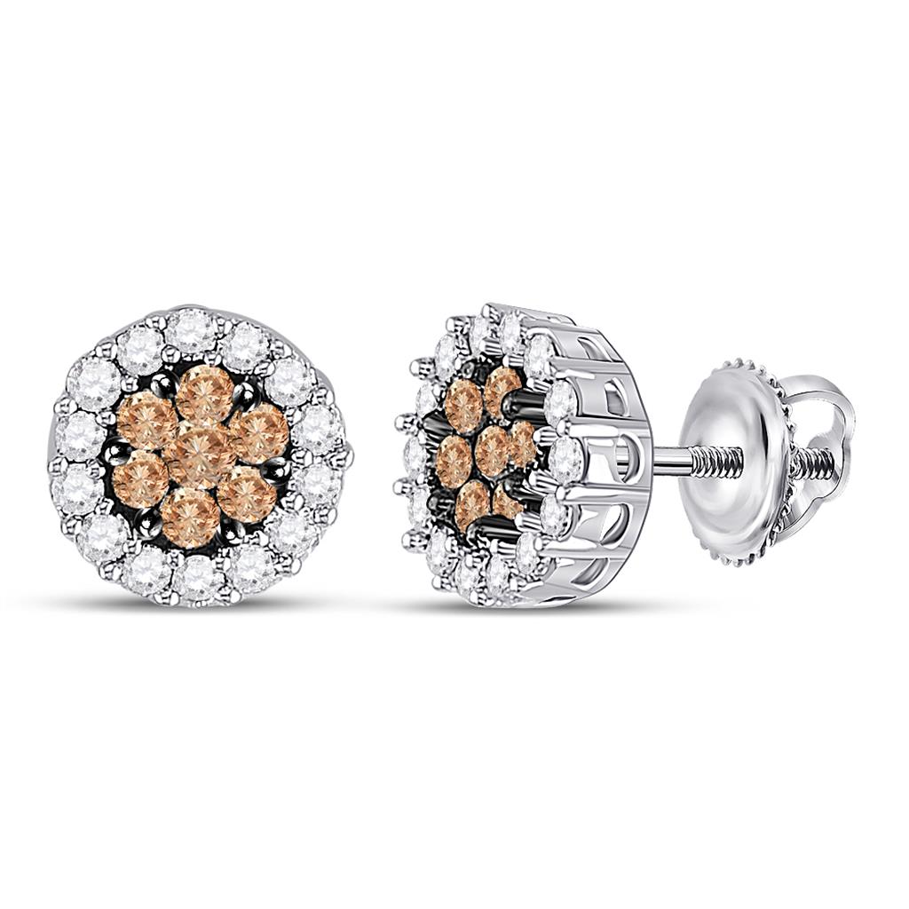 14k White Gold Brown Diamond Cluster Earrings 3/4 Cttw