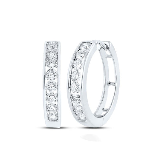 14k White Gold Round Diamond Hoop Earrings 1 Cttw