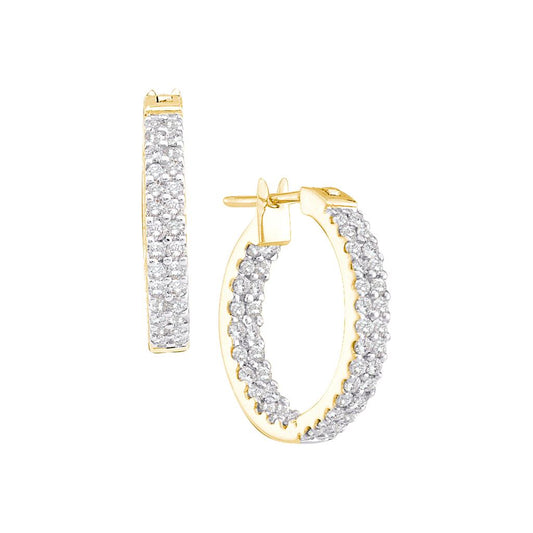 14k Yellow Gold Round Diamond Inside Outside Double Row Hoop Earrings 1 Cttw