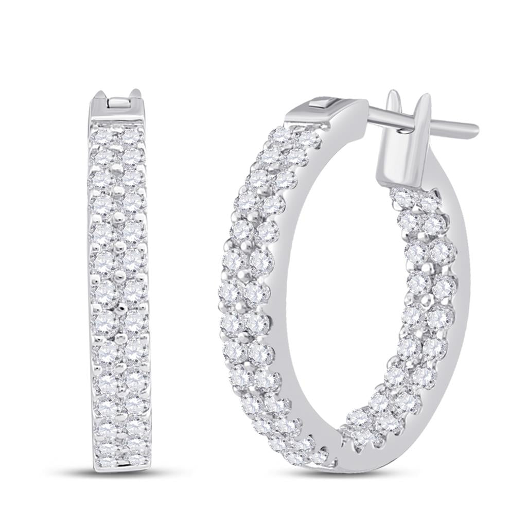 14k White Gold Round Diamond Inside Outside Double Row Hoop Earrings 1 Cttw