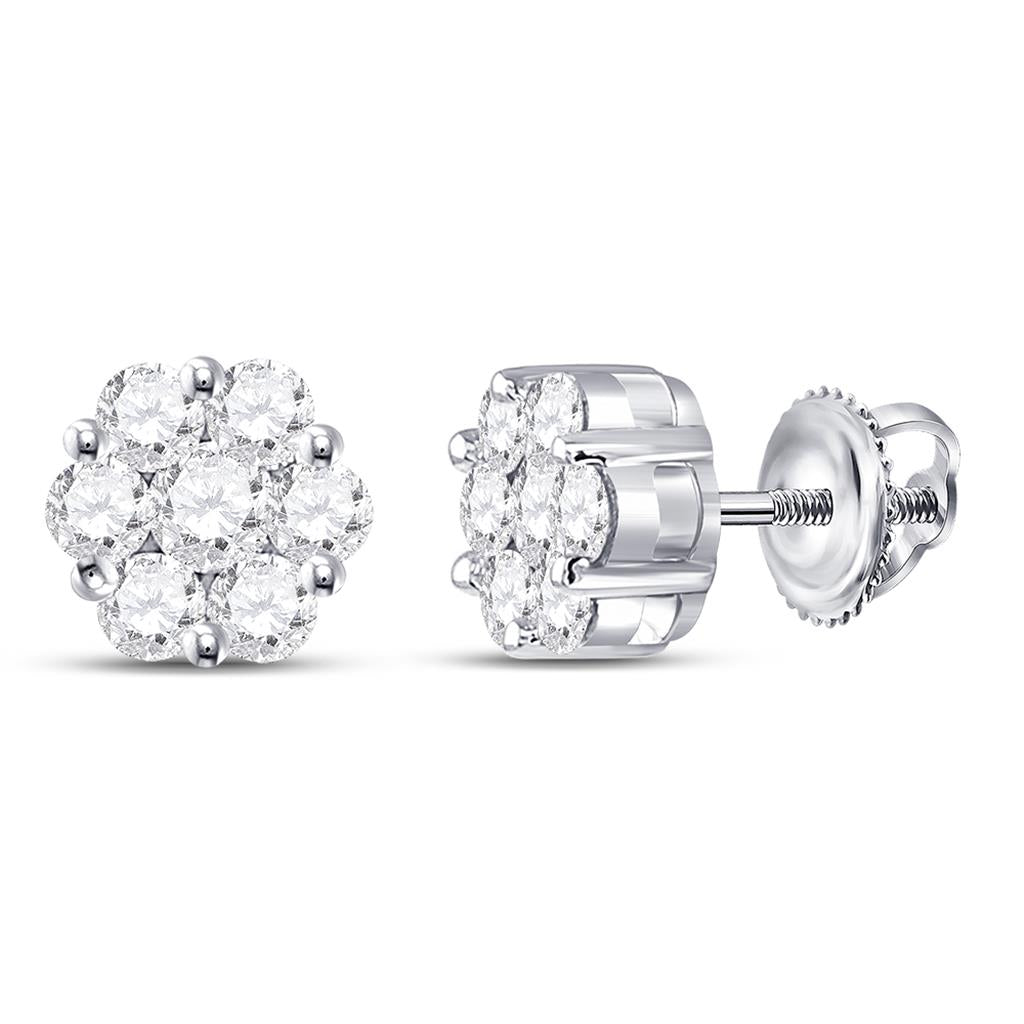 14k White Gold Round Diamond Flower Cluster Earrings 1 Cttw