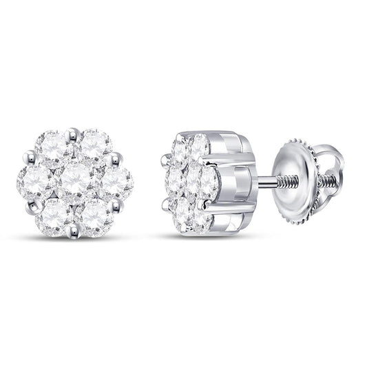 14k White Gold Round Diamond Flower Cluster Earrings 1 Cttw