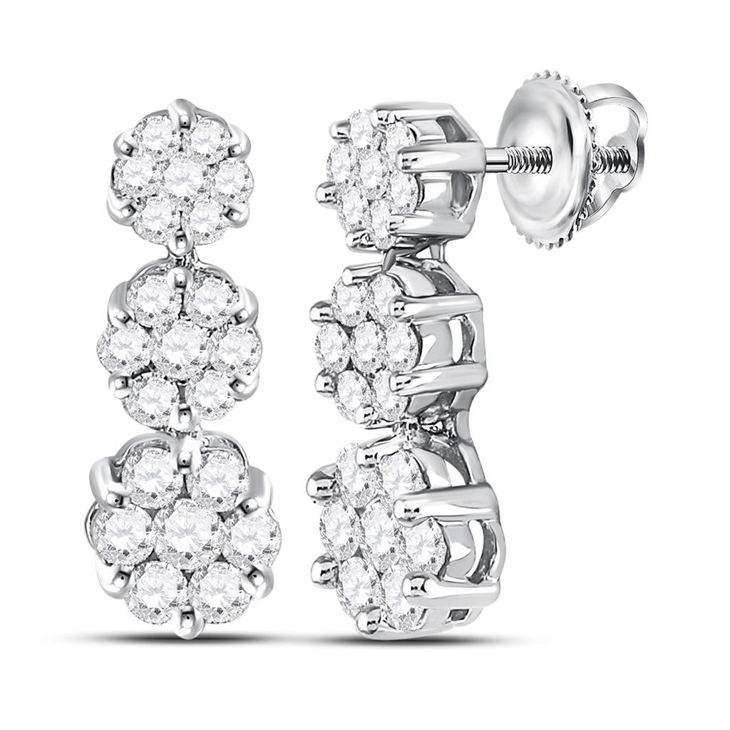14kt White Gold Round Diamond Triple Vertical Flower Cluster Earrings 1 Cttw