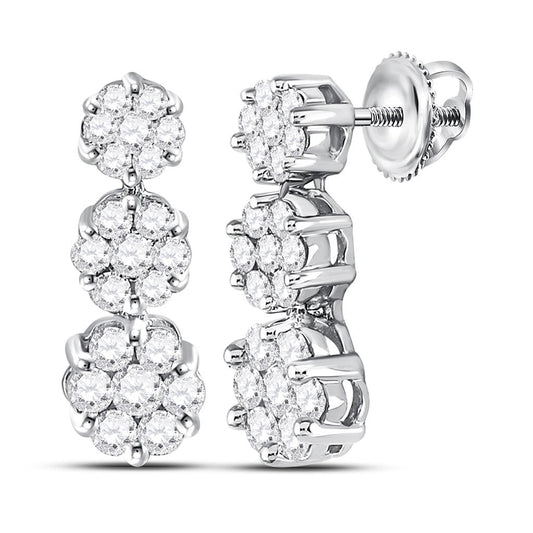 14kt White Gold Round Diamond Triple Vertical Flower Cluster Earrings 1 Cttw