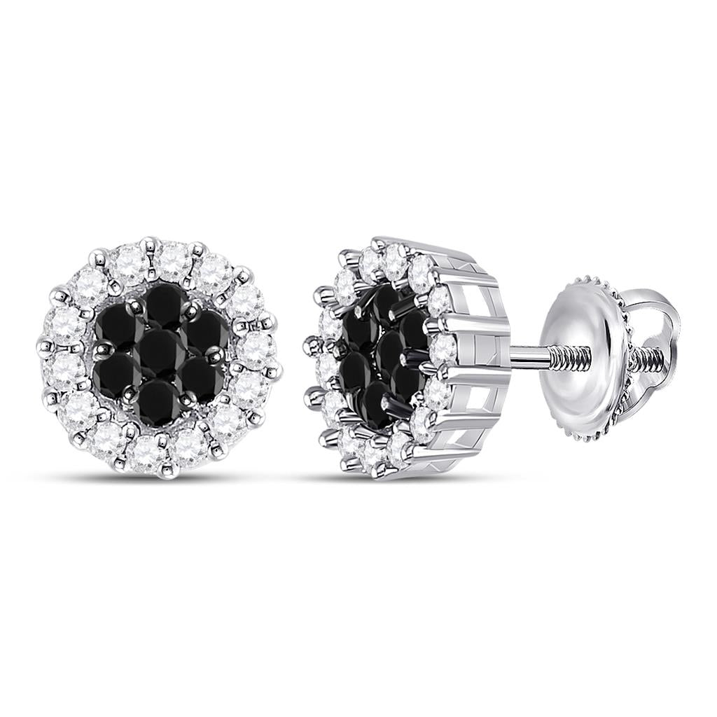 14k White Gold Round Black Diamond Flower Cluster Earrings 1 Cttw