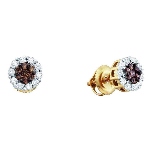14k Yellow Gold Round Brown Diamond Cluster Earrings 1 Cttw