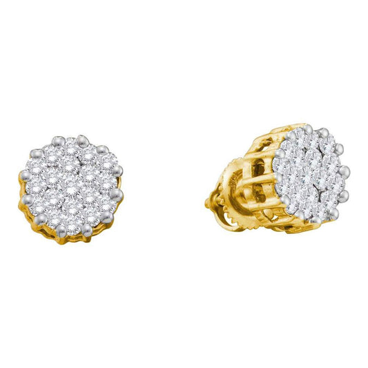 14k Yellow Gold Round Diamond Cluster Earrings 1 Cttw