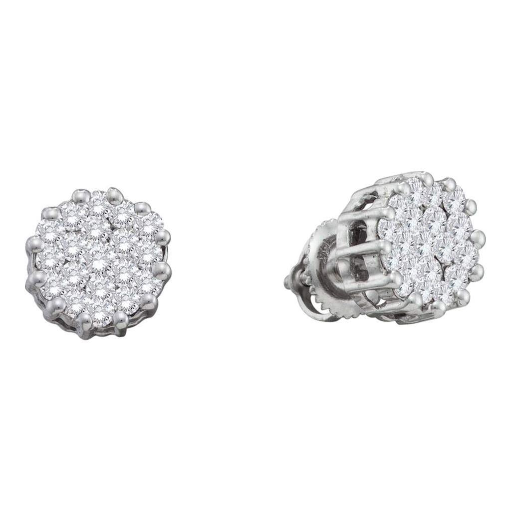 14k White Gold Round Diamond Flower Cluster Earrings 1 Cttw
