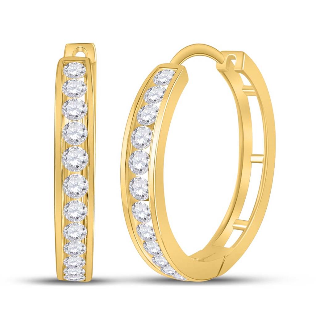 14k Yellow Gold Round Diamond Hoop Earrings 2 Cttw