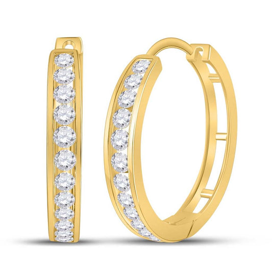 14k Yellow Gold Round Diamond Hoop Earrings 2 Cttw