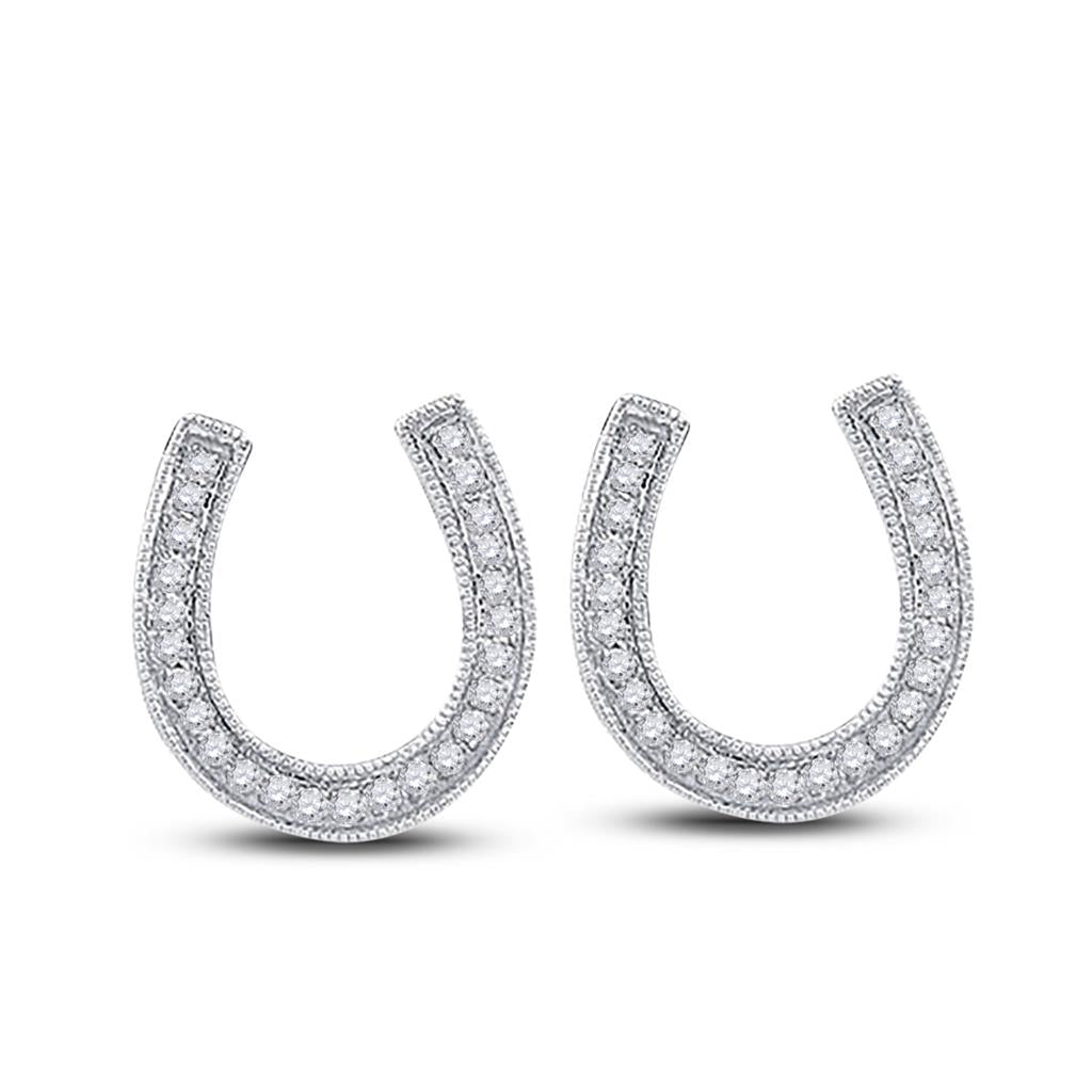 14k White Gold Diamond Horseshoe Lucky Stud Earrings 1/6 Cttw