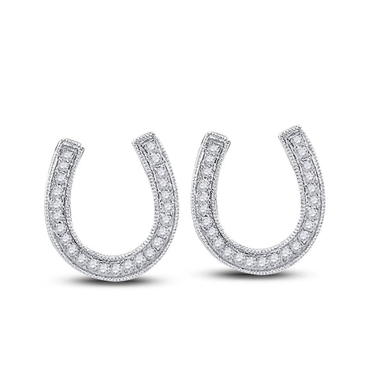 14k White Gold Round Diamond Horseshoe Stud Earrings 1/6 Cttw