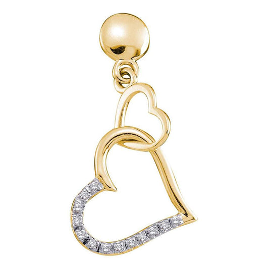 10k Yellow Gold Round Diamond Heart Dangle Earrings 1/10 Cttw