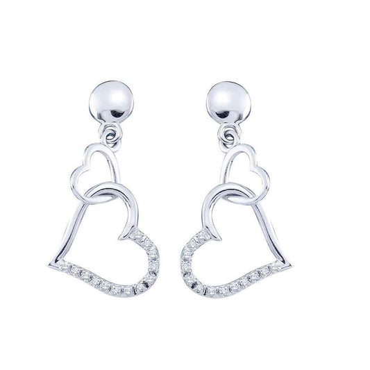 14k White Gold Round Diamond Heart Dangle Earrings 1/10 Cttw