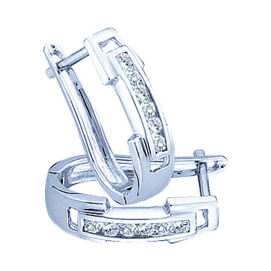 14k White Gold Round Diamond Oblong Hoop Earrings 1/5 Cttw