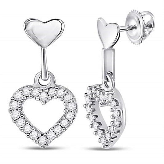 14k White Gold Round Diamond Small Heart Dangle Earrings 1/5 Cttw