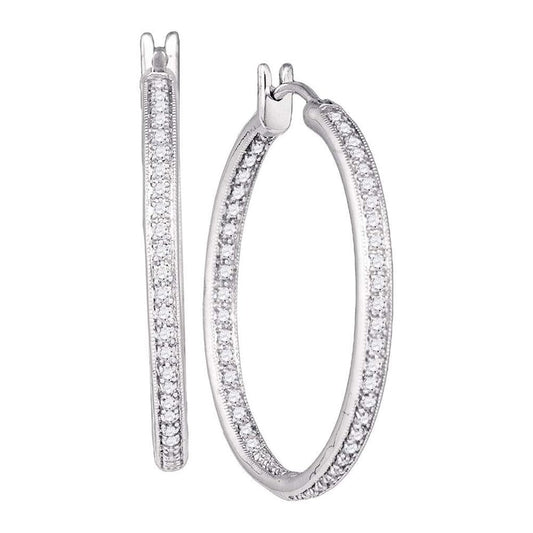 14k White Gold Round Diamond Inside Outside Hoop Earrings 1 Cttw
