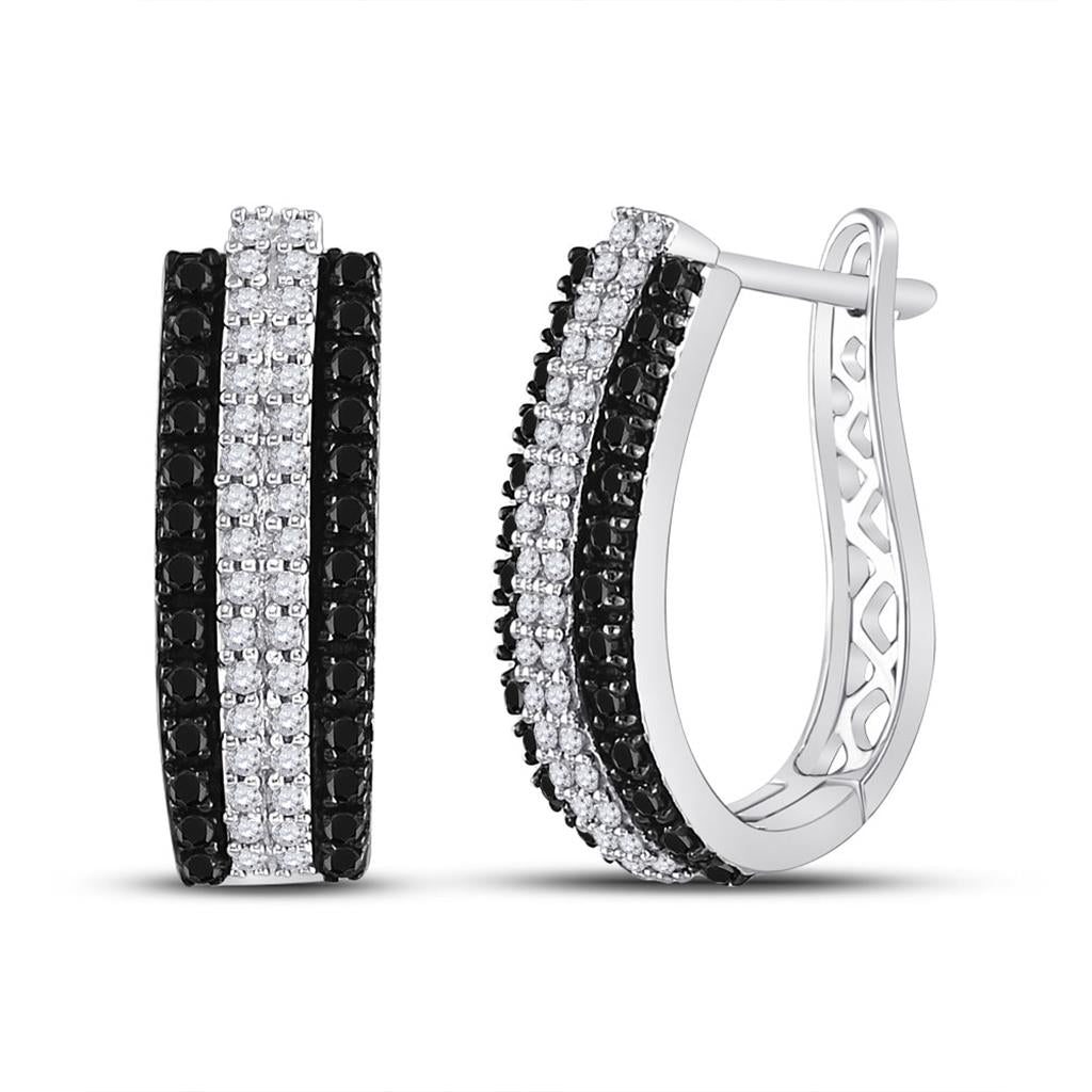 14k White Gold Round Black Diamond Hoop Earrings 1 Cttw