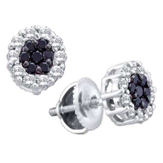 14k White Gold Round Black Diamond Flower Cluster Earrings 1-1/2 Cttw