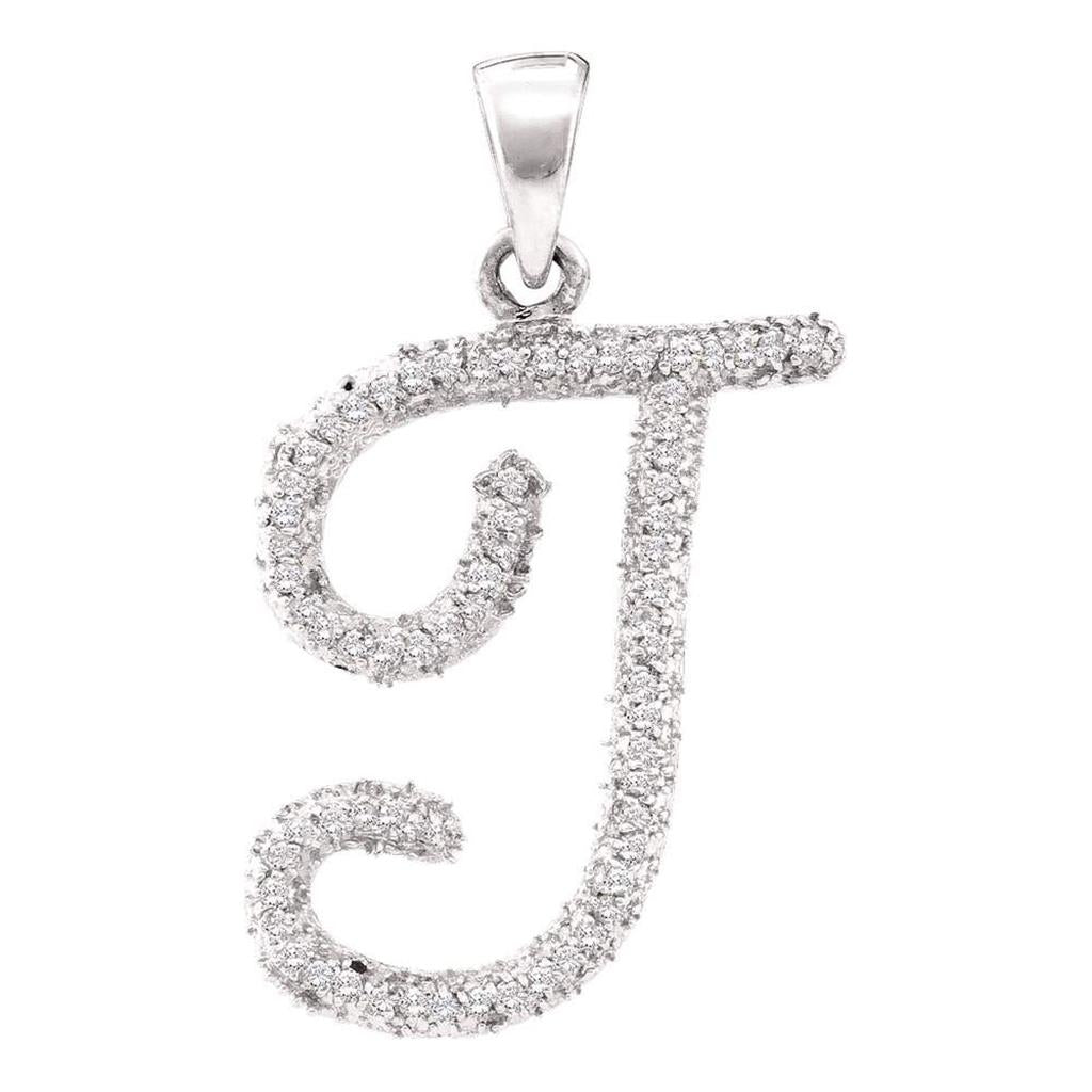 14k White Gold Round Diamond Cursive T Letter Pendant 1/6 Cttw