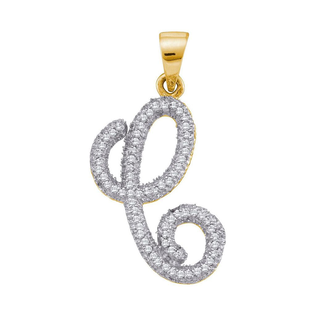 10k Yellow Gold Round Diamond Cursive C Letter Pendant 1/5 Cttw