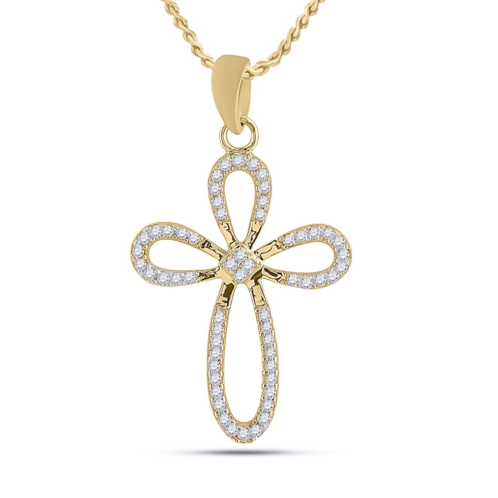 10k Yellow Gold Round Diamond Oblong Cross Outline Pendant 1/5 Cttw