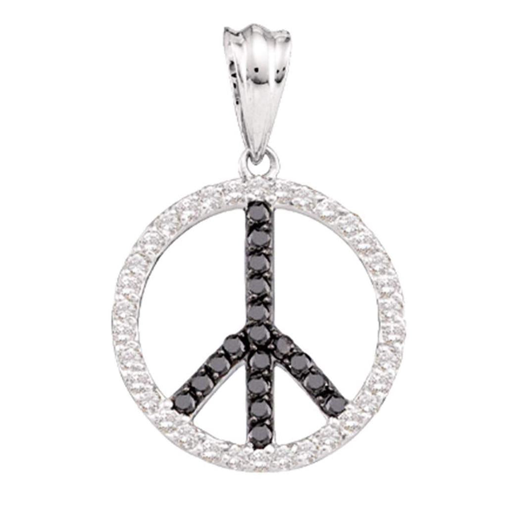 14k White Gold Black Diamond Peace Sign Circle Pendant 3/4 Cttw