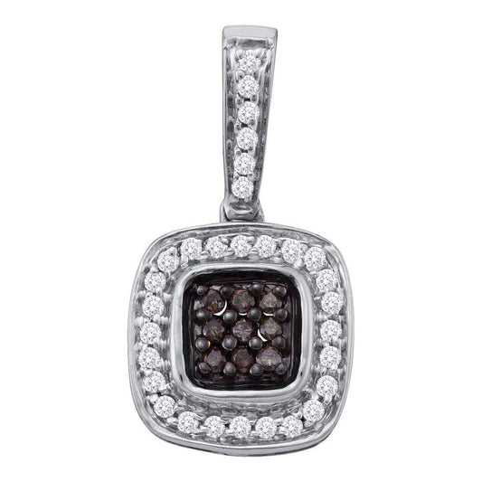14k White Gold Brown Diamond Square Cluster Pendant 1/4 Cttw
