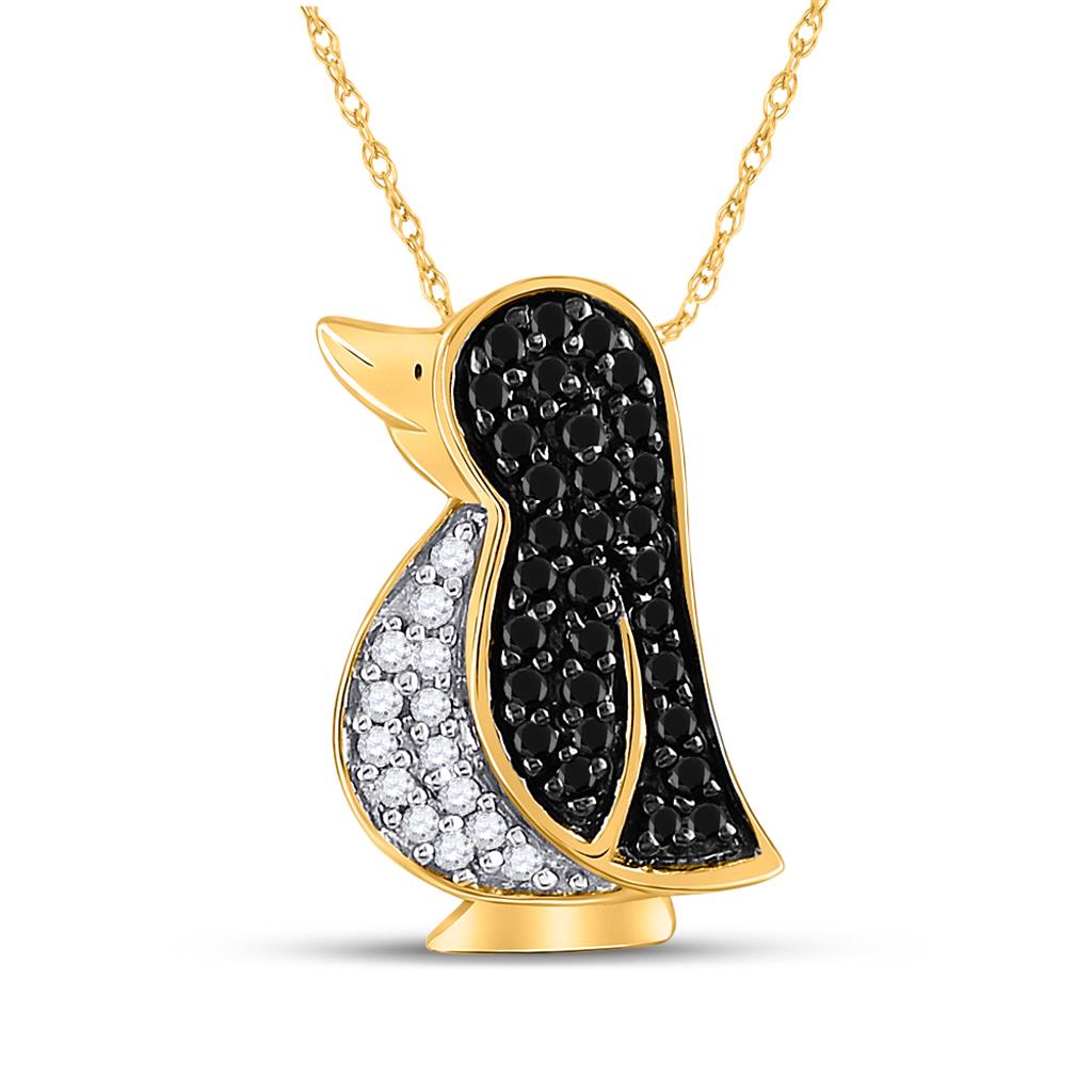 14k Yellow Gold Black Diamond Penguin Animal Pendant 1/4 Cttw