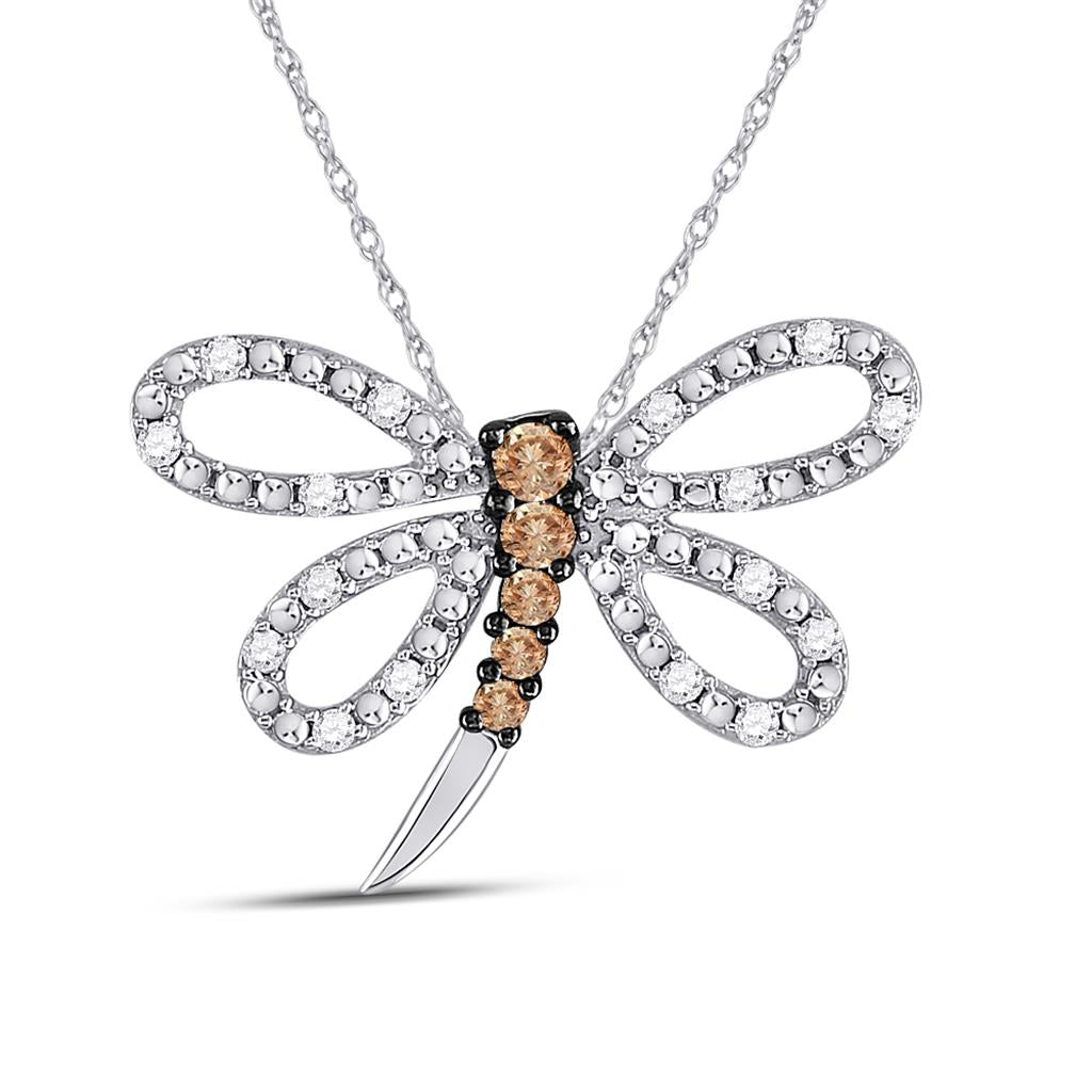 14k White Gold Brown Diamond Dragonfly Bug Pendant 1/4 Cttw