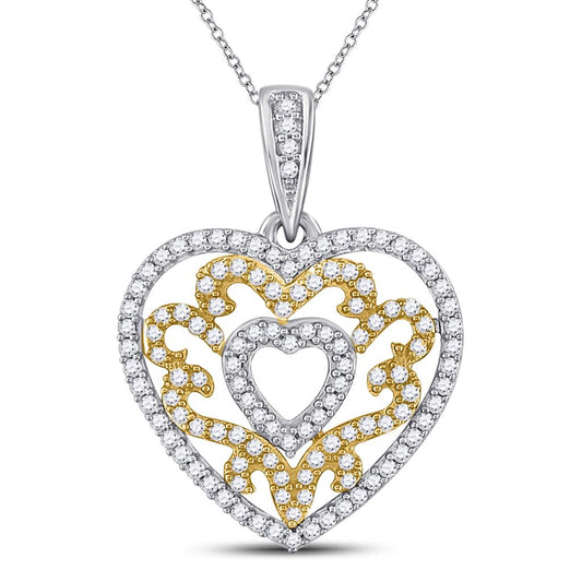 10kt Yellow Gold Round Diamond Nested Curl Heart Pendant 1/2 Cttw