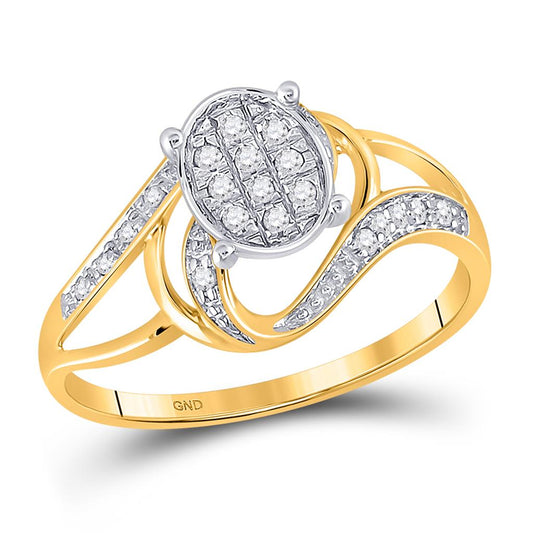 10k Two-tone Gold Round Diamond Oval Cluster Split-shank Ring 1/10 Cttw