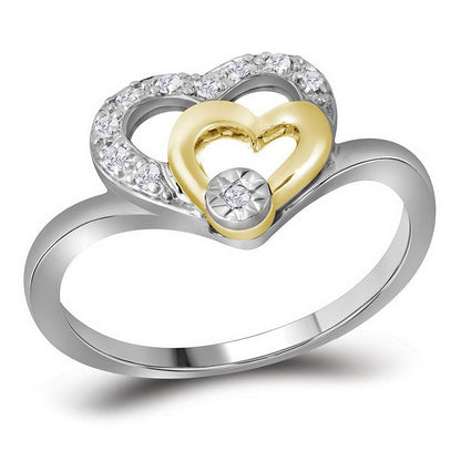 10k Two-tone White Gold Round Diamond Double Heart Ring 1/12 Cttw