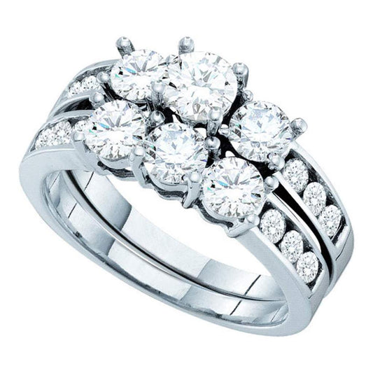 14k White Gold Round Diamond 3-Stone Bridal Wedding Ring Set 2 Cttw