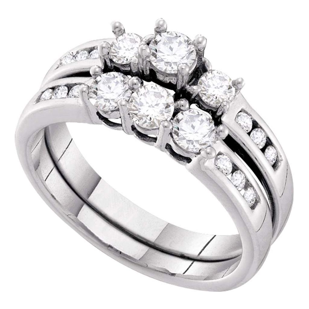 14k White Gold Round Diamond 3-stone Bridal Wedding Ring Set 1 Cttw