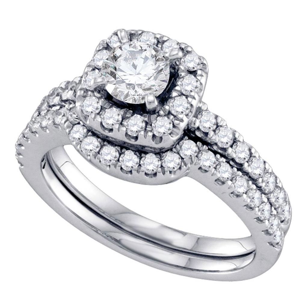 14k White Gold Round Diamond Halo Bridal Wedding Ring Set 1-1/3 Cttw