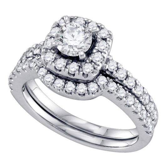 14k White Gold Round Diamond Halo Bridal Wedding Ring Set 1-1/3 Cttw