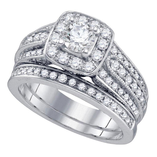 14k White Gold Round Diamond Halo Bridal Wedding Ring Set 1-1/2 Cttw