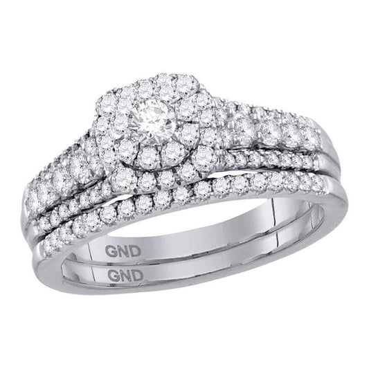 14k White Gold Round Diamond Halo Bridal Wedding Ring Set 1 Cttw