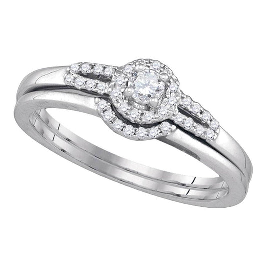 14k White Gold Round Diamond Slender Small Halo Wedding Bridal Ring Set 1/5 Cttw