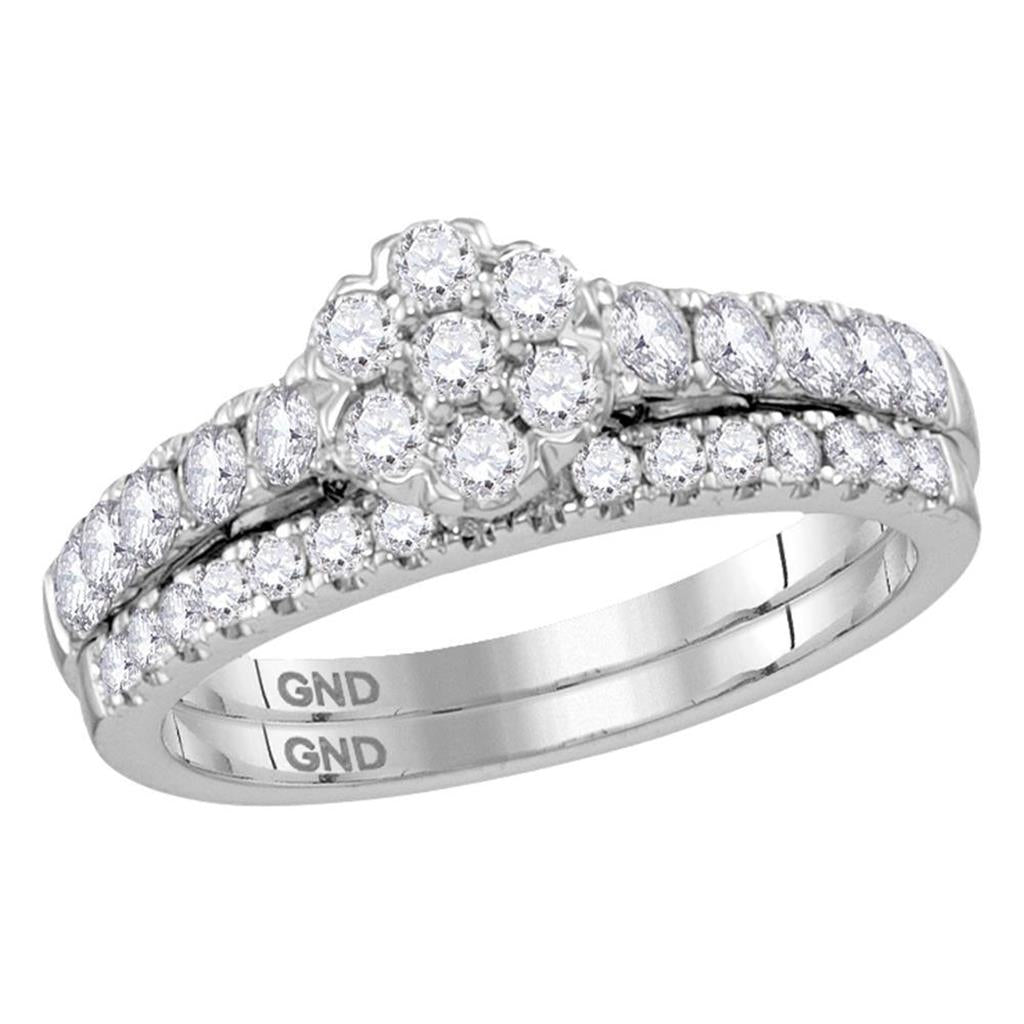 14k White Gold Round Diamond Cluster Bridal Wedding Ring Set 1 Cttw
