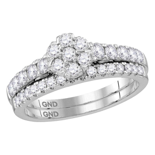 14k White Gold Round Diamond Cluster Bridal Wedding Ring Set 1 Cttw