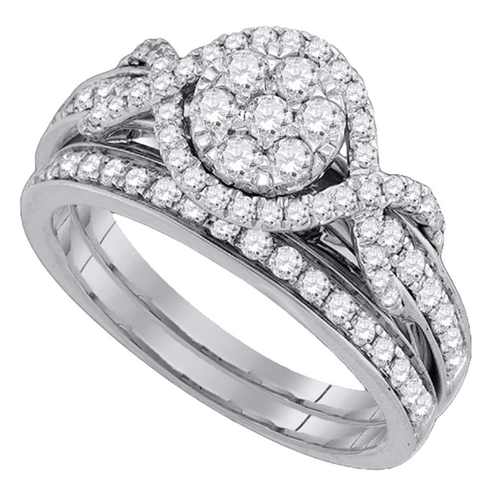 14k White Gold Round Diamond Cluster Bridal Wedding Ring Set 1 Cttw