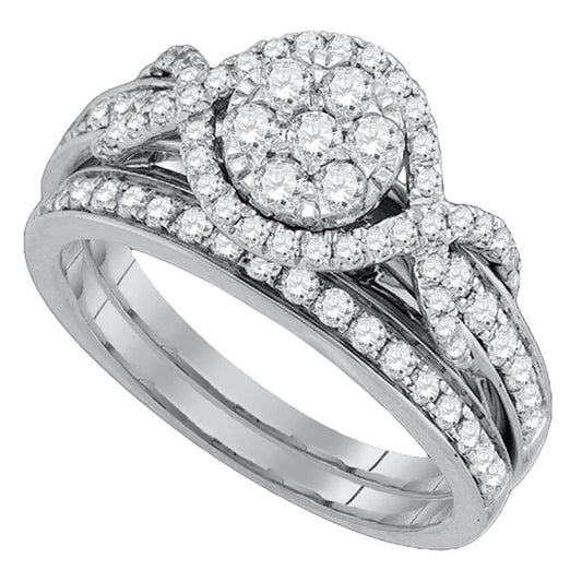 14k White Gold Round Diamond Cluster Bridal Wedding Ring Set 1 Cttw