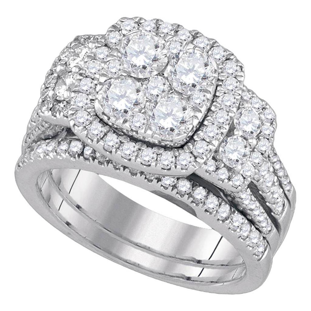 14k White Gold Round Diamond Cluster Bridal Wedding Ring Set 2 Cttw