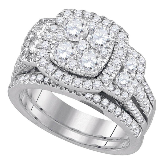 14k White Gold Round Diamond Cluster Bridal Wedding Ring Set 2 Cttw