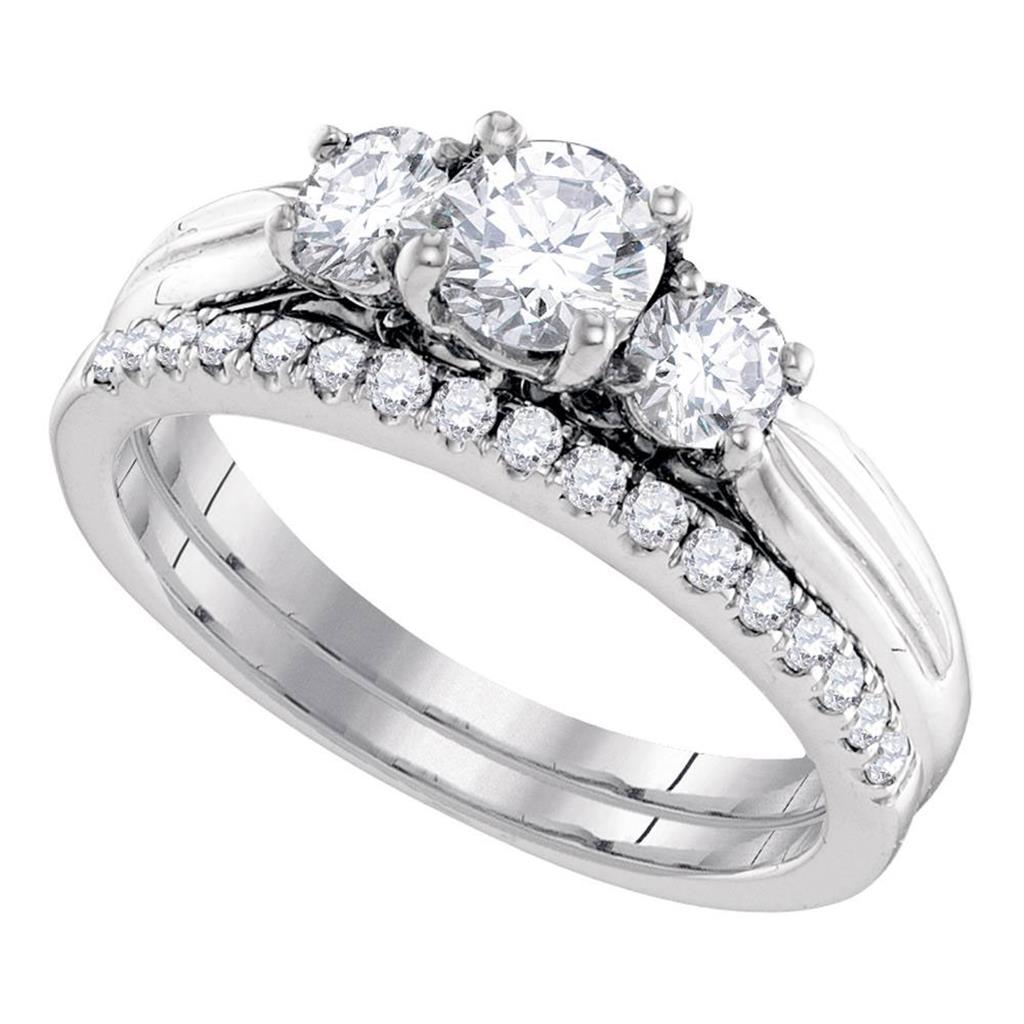 14k White Gold Round Diamond 3-Stone Bridal Wedding Ring Set 1 Cttw