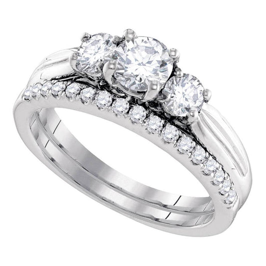 14k White Gold Round Diamond 3-Stone Bridal Wedding Ring Set 1 Cttw