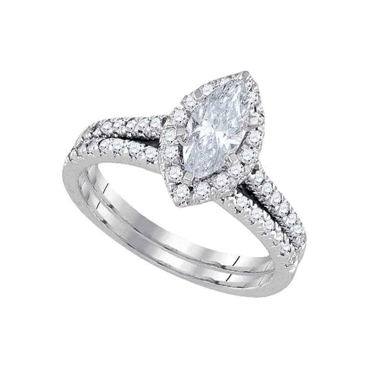 14k White Gold Marquise Diamond Halo Bridal Wedding Ring Set 1-1/5 Cttw