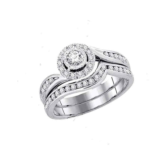 14k White Gold Round Diamond Swirl Bridal Wedding Ring Set 3/4 Cttw (Certified)